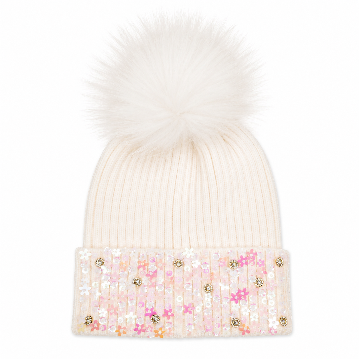 An ivory ribbed knit girls winter hat by Bari Lynn featuring a large fluffy fur pom and a fully embellished cuff with iridescent sequins, floral accents, and jeweled details.