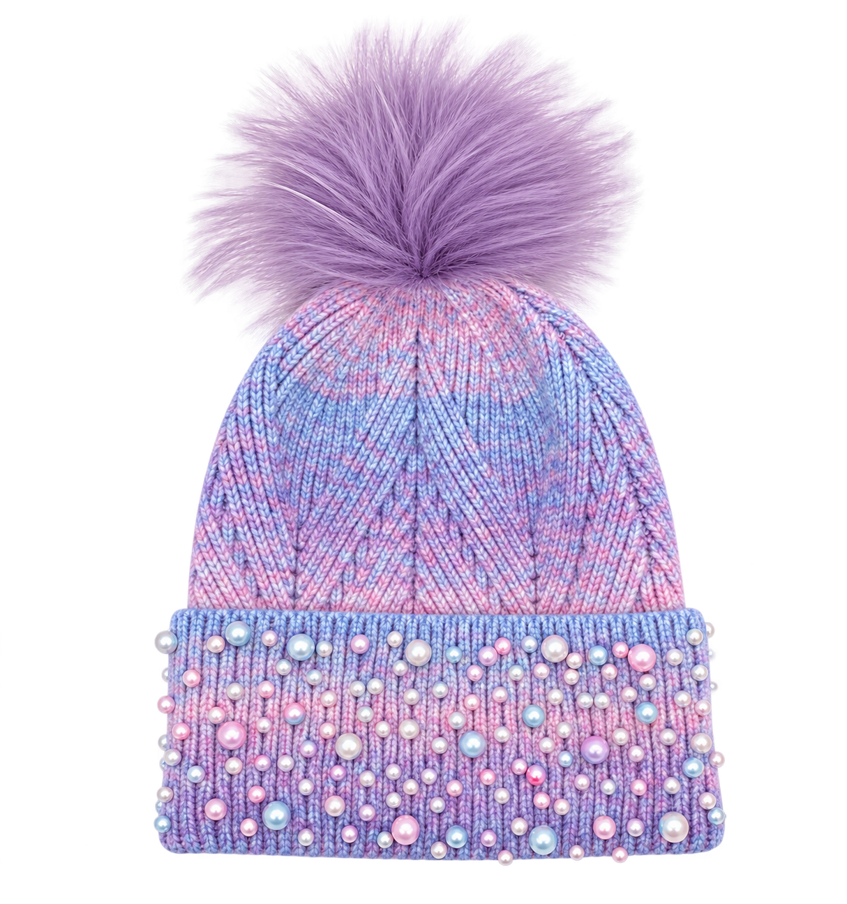 A pastel ombre knit winter hat in soft pink, lavender, and blue with a large lavender fur pom and a cuff decorated with pearl embellishments in coordinating pastel shades.