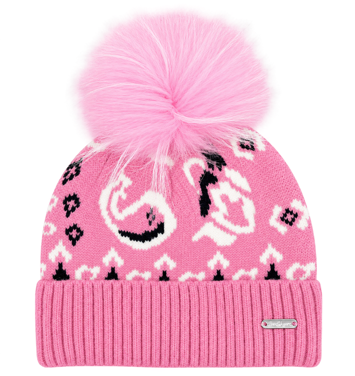 A pink Bari Lynn knit winter hat featuring a bandana-style pattern and a large fluffy pink fur pom on top