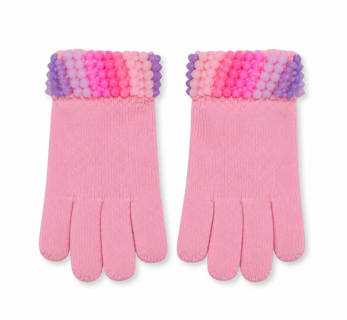 Pair of soft pink knit girls gloves featuring a fully embellished cuff with pastel pink and lavender gummy bear bead charms.