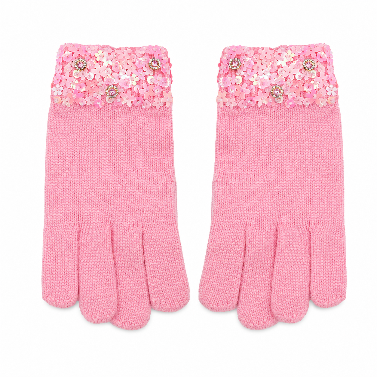 Pair of pink knit girls gloves featuring embellished cuffs decorated with pink sequins, floral accents, and jeweled details.