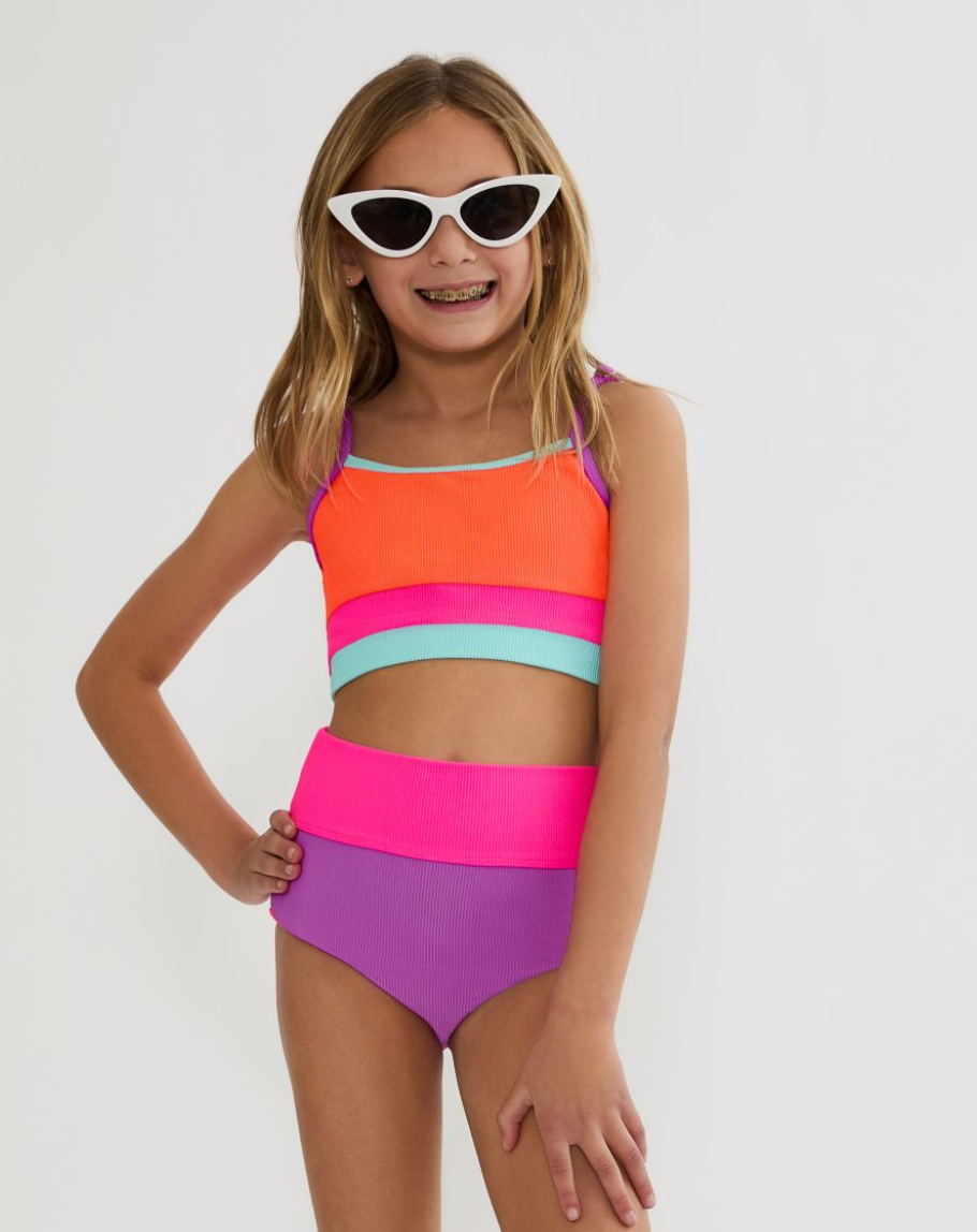 High Waisted Girls Bikini in Neon Colorblock