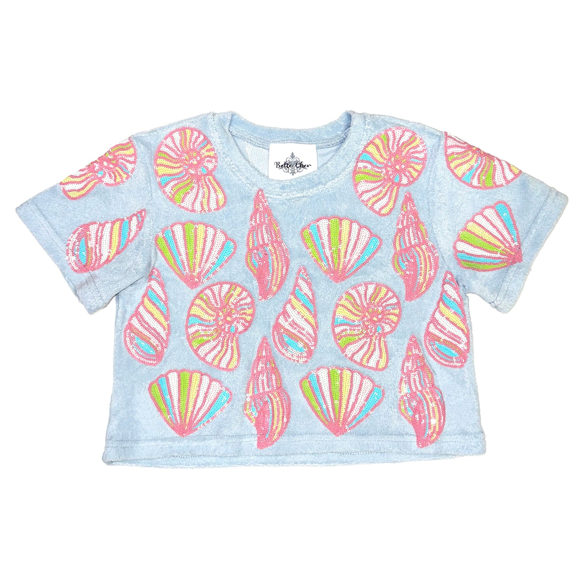 Belle Cher blue sequin seashell terry top and shorts set for tween girls
