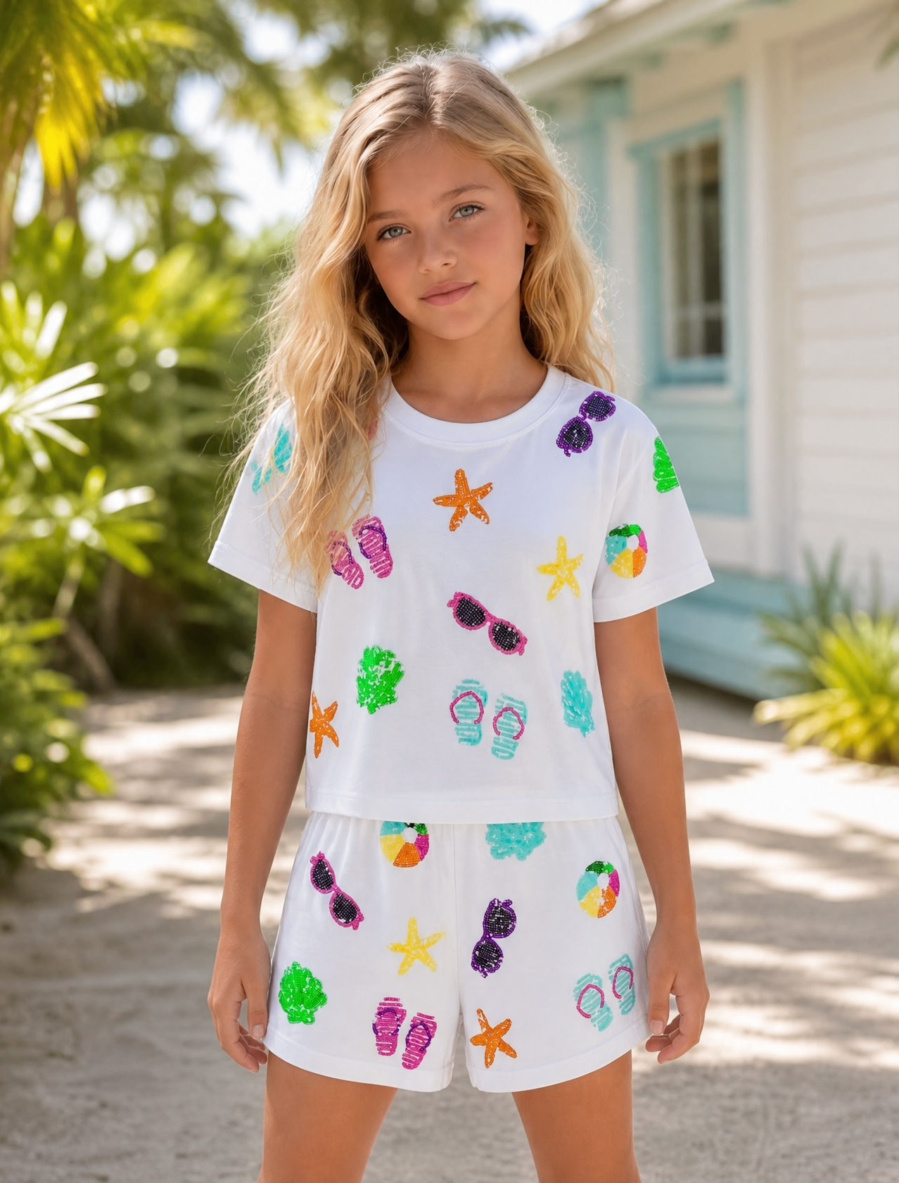 Belle Cher white sequin beach terry top and shorts set for tween girls