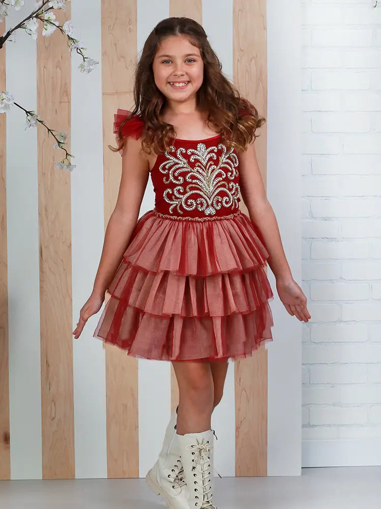 Close-up of the Ooh! La, La! Couture Clara girls' dress showing intricate hand-detailed beadwork, sparkling gems and sequin embellishments on the bodice.