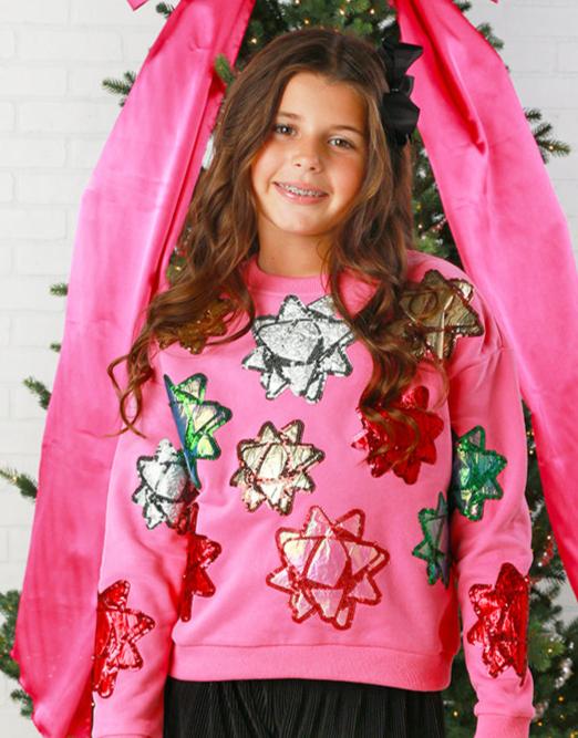 Queen Of Sparkles Kids Pink Metallic Bows Present Sweatshirt