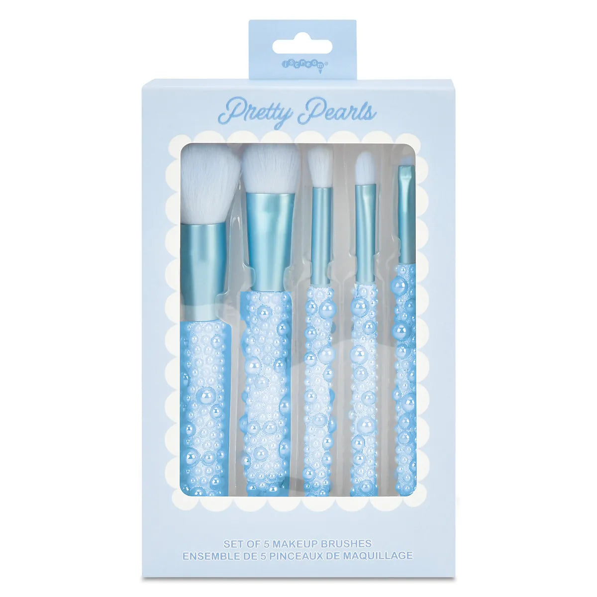 Pearl embellished girls makeup brush set by Iscream with five soft makeup brushes perfect for tween beauty gifts, spa parties, and birthday presents.