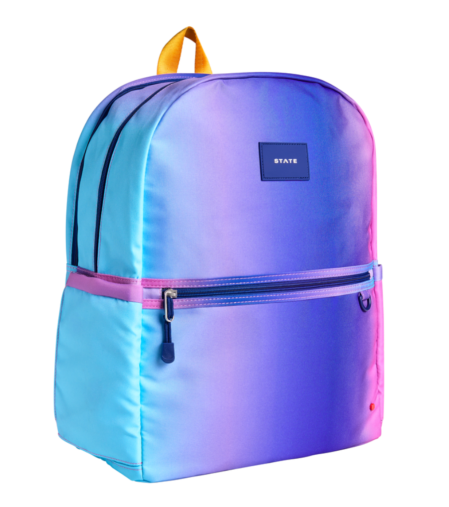 Large girls school backpack with signature double pocket design and colorful ombré finish.