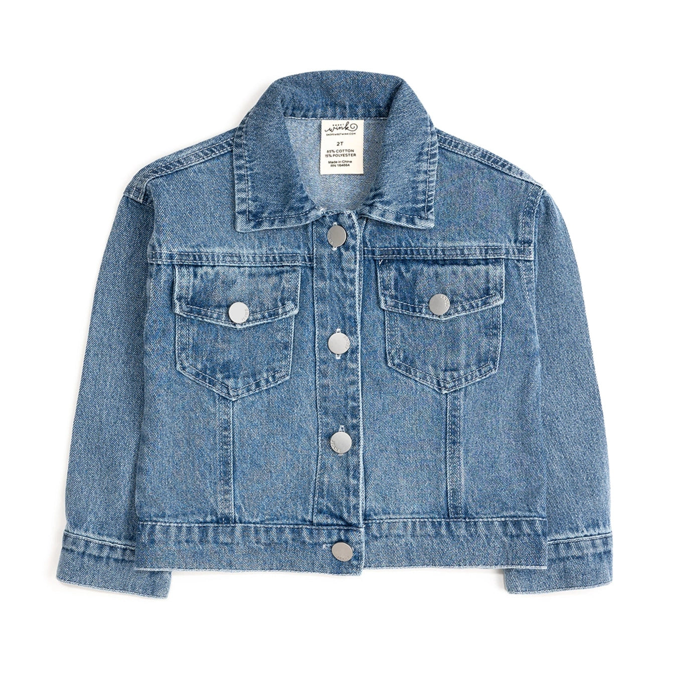 Back view of the Sweet Wink girls denim jacket featuring a large pastel blue plaid bow appliqué for a sweet coquette-inspired look.