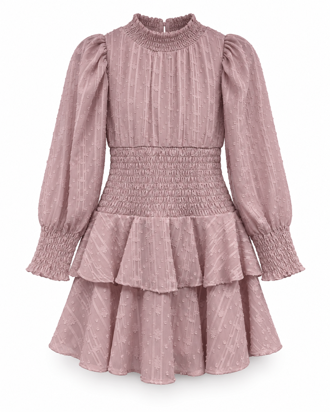 A dusty pink smocked dress with long puff sleeves, a high gathered neckline, and a tiered ruffled skirt, shown against a plain white background.