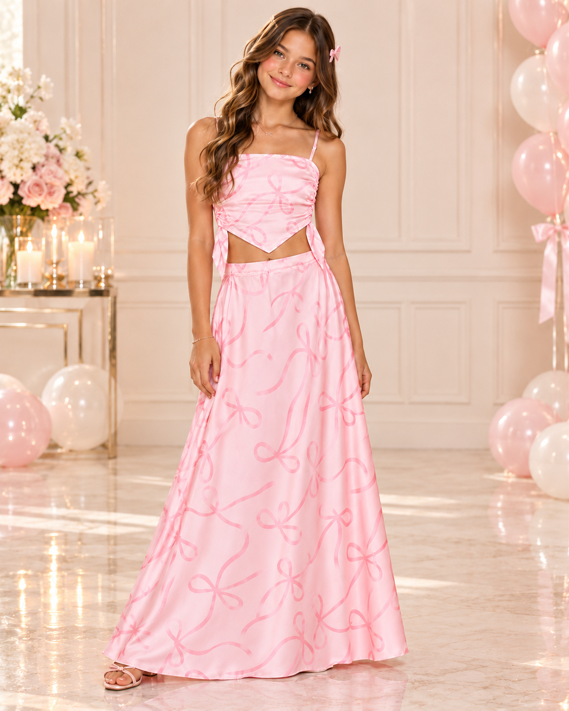KatieJ NYC Tween 2pc Satin Maxi Skirt Set - Baby Pink Bow Jacquard