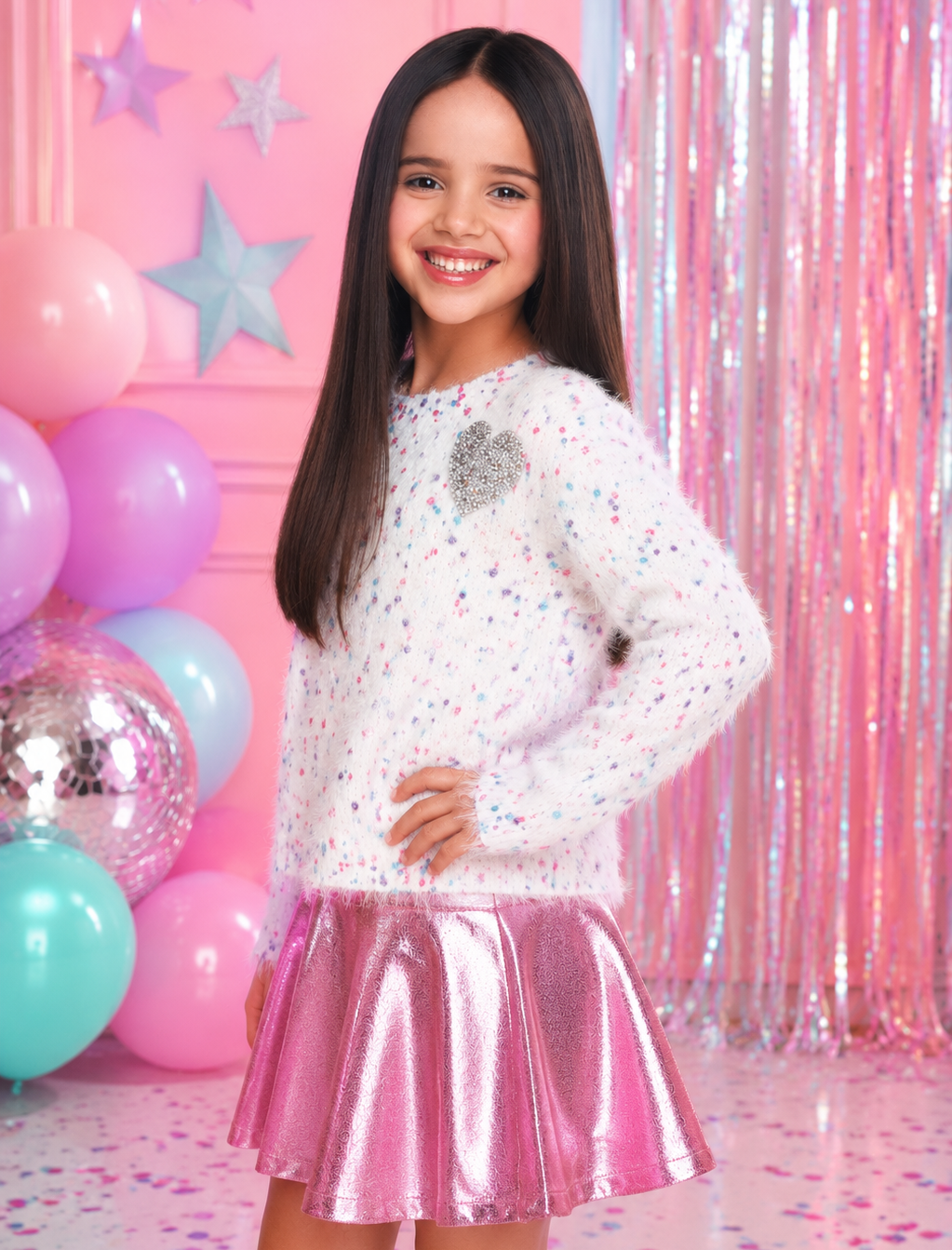 Boutique girls fuzzy knit sweater featuring multicolor sprinkle accents and sparkling silver heart applique.