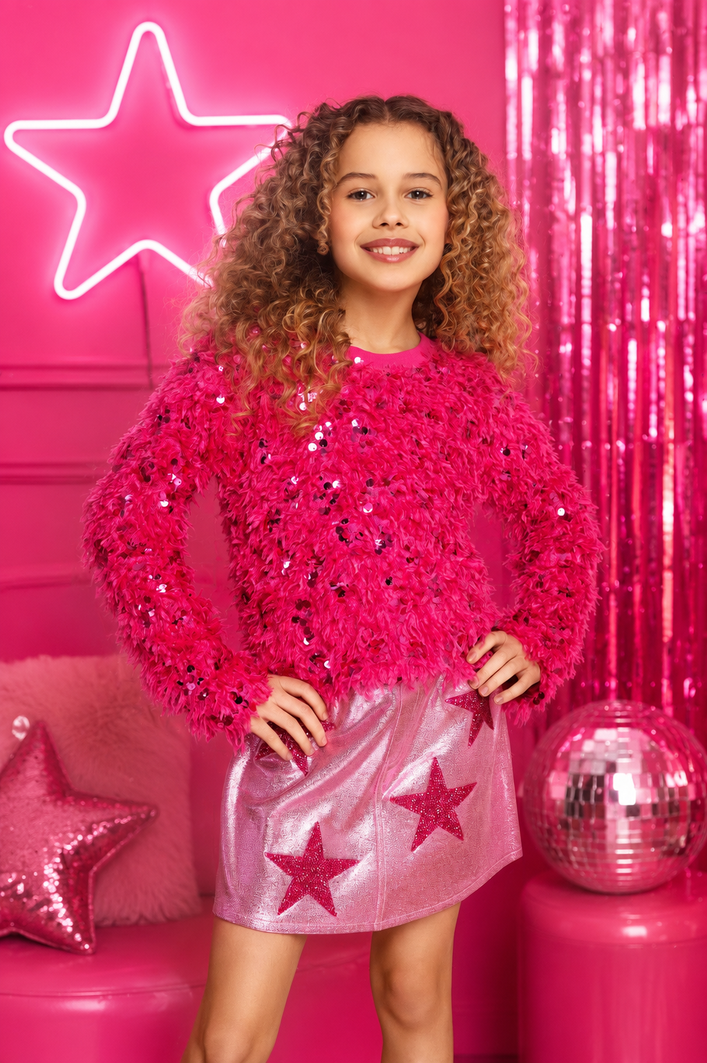 Girls boutique pink shimmer skirt with oversized sequin stars for fun everyday and party outfits.