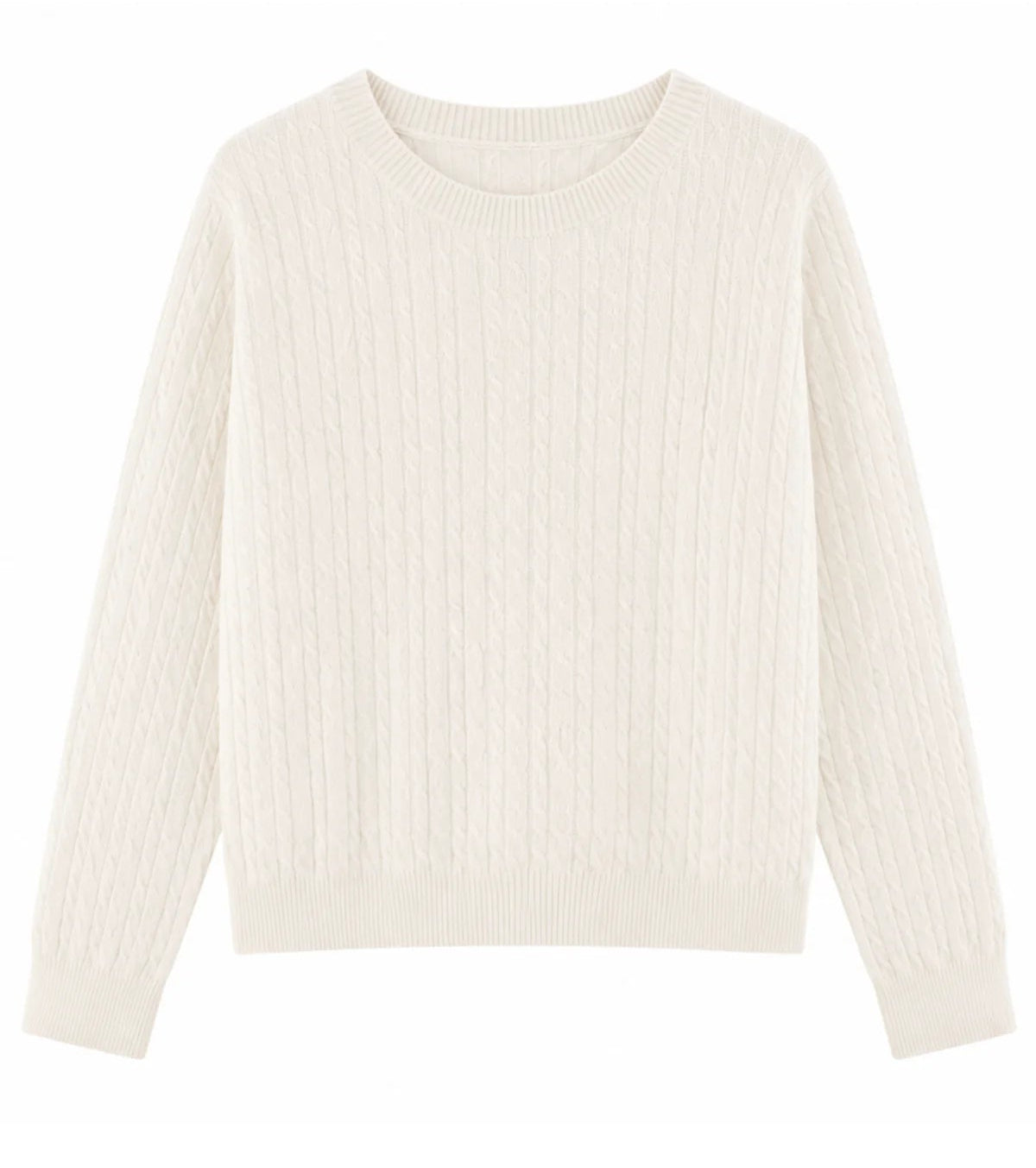 An off-white ribbed knit crewneck girls sweater with long sleeves, displayed flat against a solid white background.