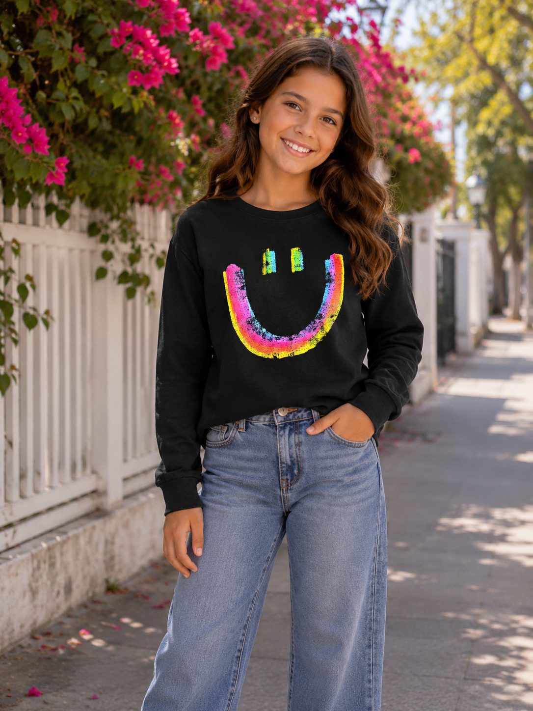 A young girl with long brown hair stands on a sunny sidewalk wearing a black crewneck sweatshirt with a colorful rainbow smiley face graphic, paired with light wash blue jeans.