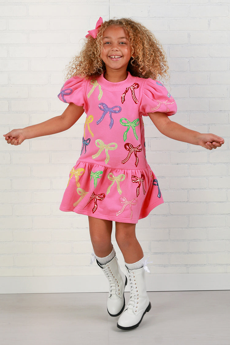 Queen Of Sparkles Kids Pink Bow Puff Sleeve Dress