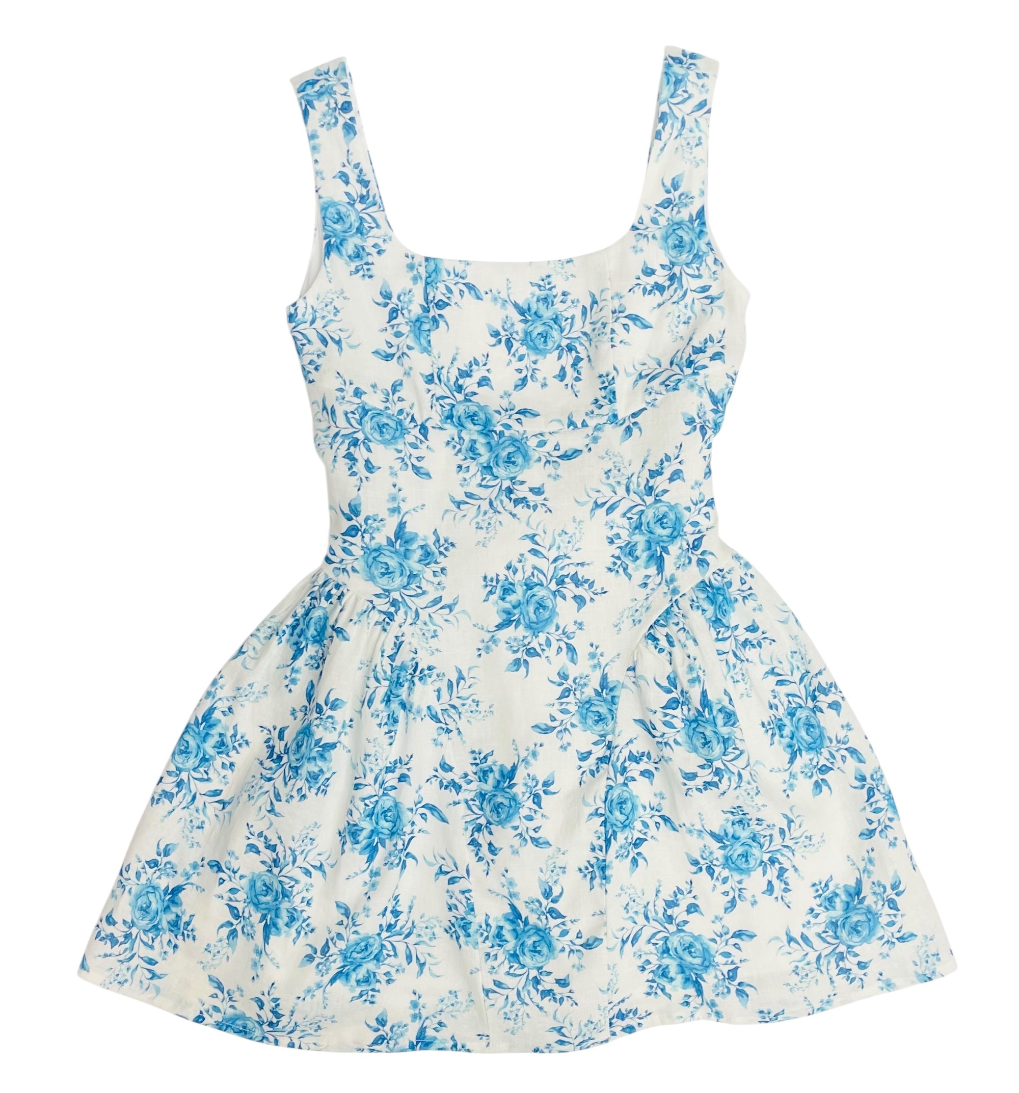 KatieJ NYC Brenna Bow Tie Back Dress- Blue Rose Bouquet Linen