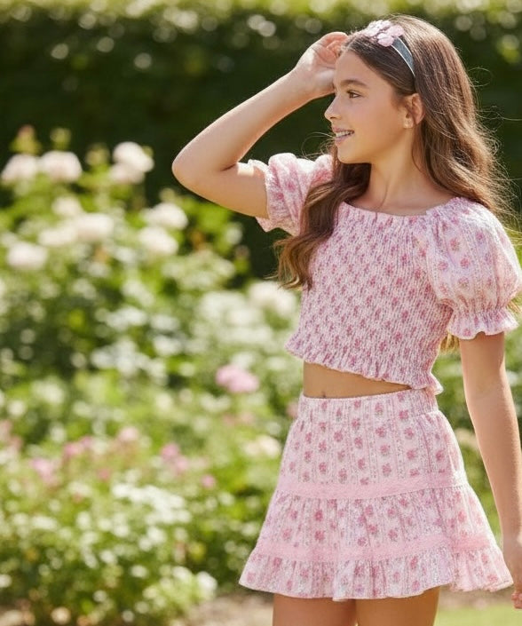 Dreamers 2pc Kayla Pink Rose Stripe Skirt Set