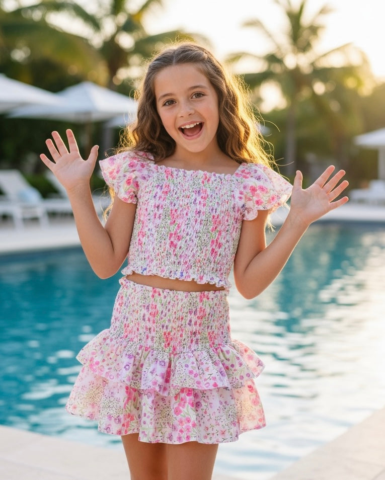 Tweenstyle 2pc Spring Garden Floral Puff Sleeve Top & Skirt Set
