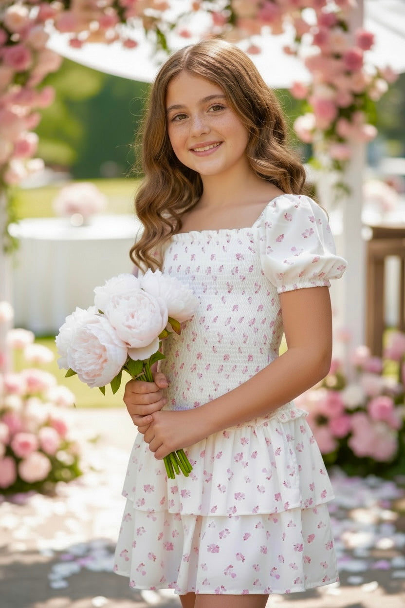 Theme NYC Lexi White With Pastel Pink Ditsy Satin Smocked Ruffle Dress