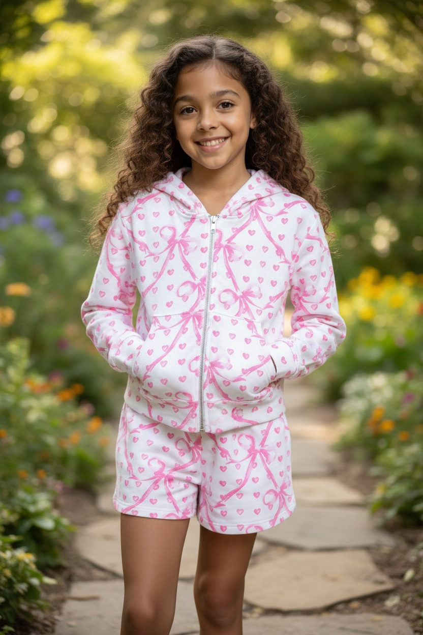 FBZ pink bow heart zip hoodie for tween girls