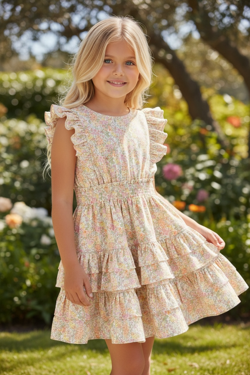 Tween floral midi dress with ruffle sleeves