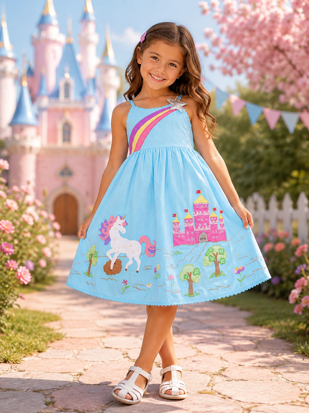 Cotton Kids Aqua Unicorn & Castle Dress