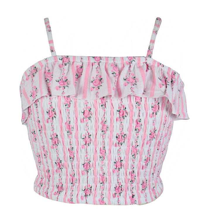 Flowers By Zoe Pink Floral Stripe Smocked Top With Ruffles