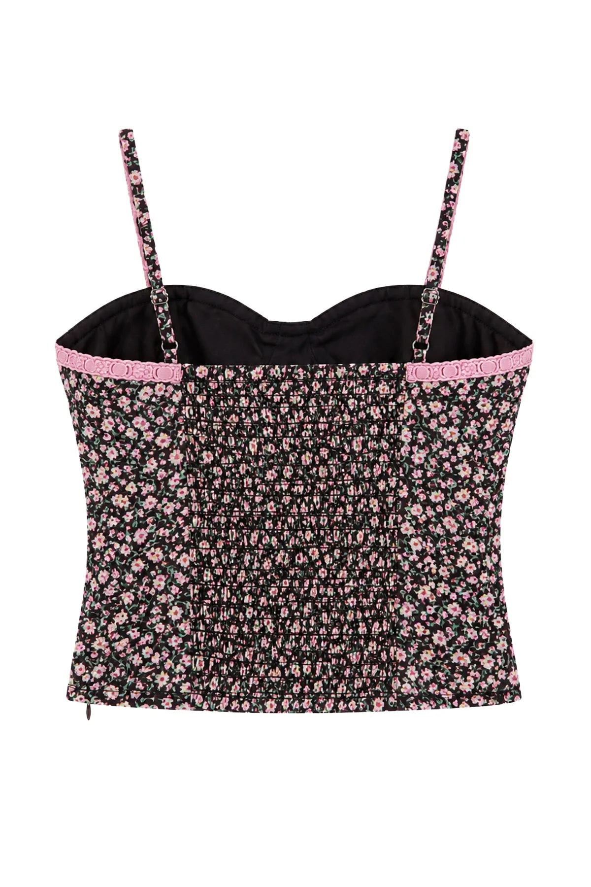 A brown smocked crop top  by katiej featuring a pink and white floral pattern, with a solid black underband and pink trim, shown against a plain white background.