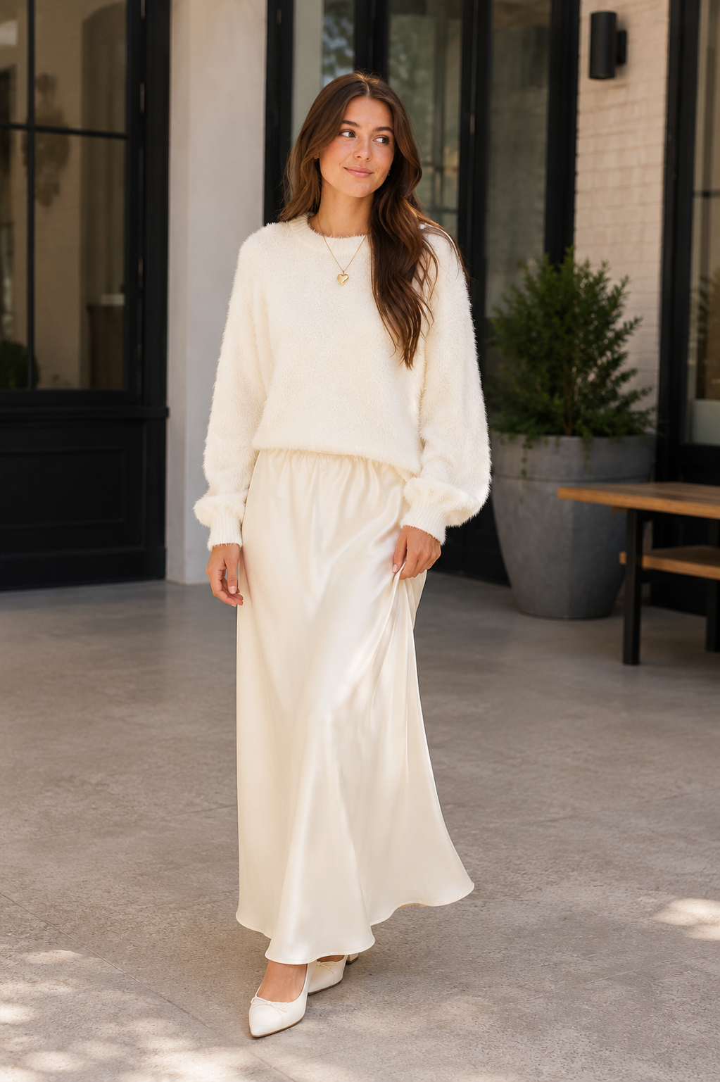 Champagne satin maxi skirt for girls and tweens perfect for holiday outfits, special occasions, family photos, and winter fashion.
