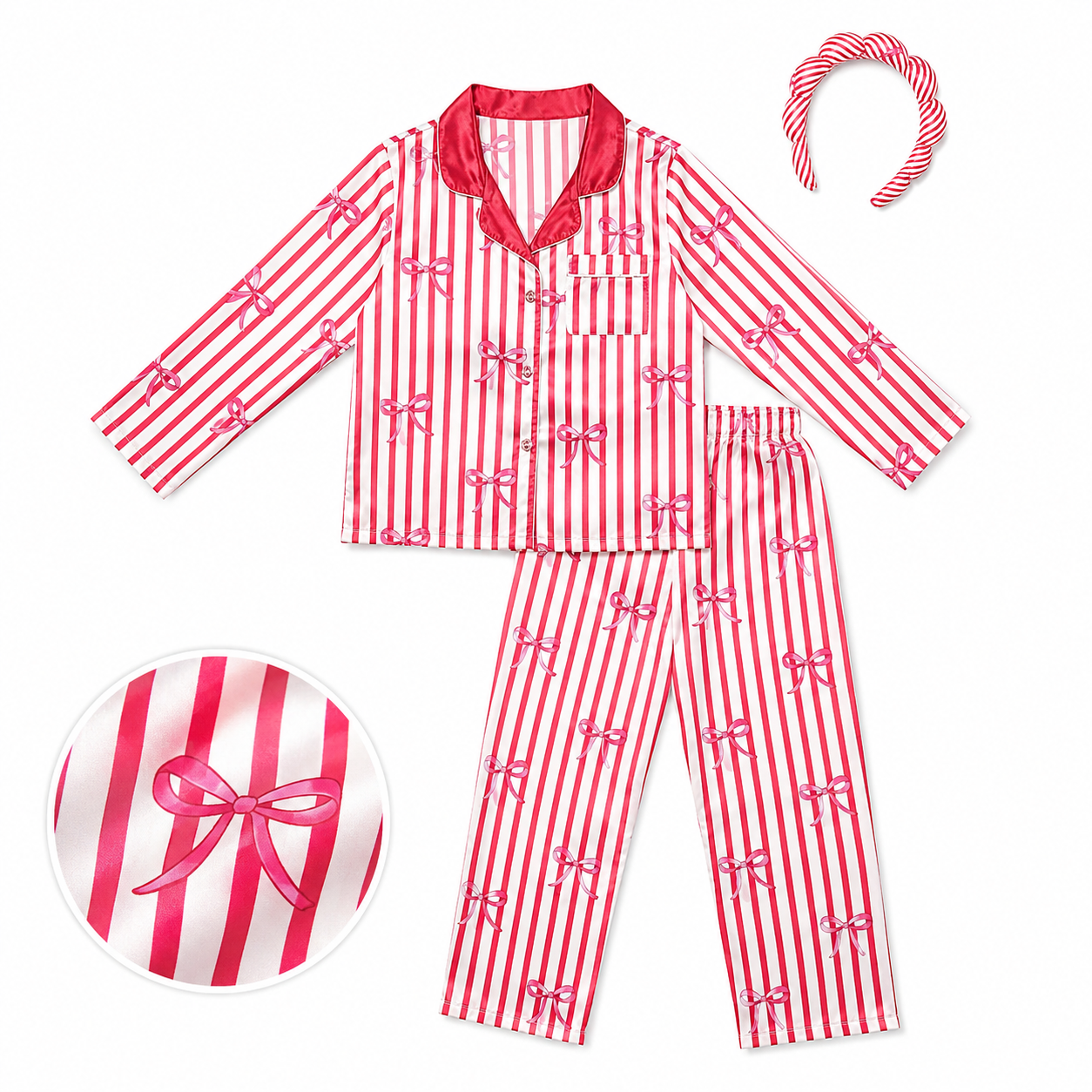 Candy Cane Stripe & Bow Satin Pajama Set with Headband