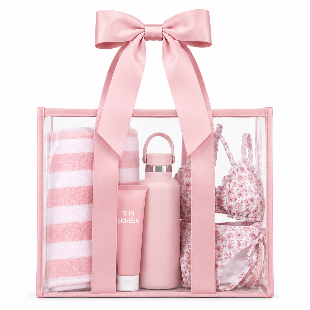 Clear Pink Bow Beach Tote Bag With Pink Bow