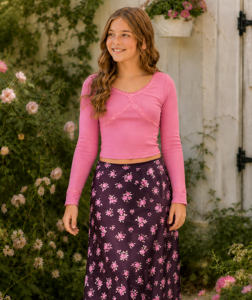 Flowers by Zoe Satin Maxi Skirt – Chocolate/Pink Floral