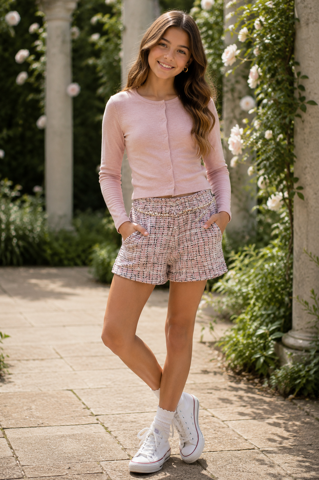 Flowers by Zoe FBZ Pink Tweed Shorts with Jeweled Belt