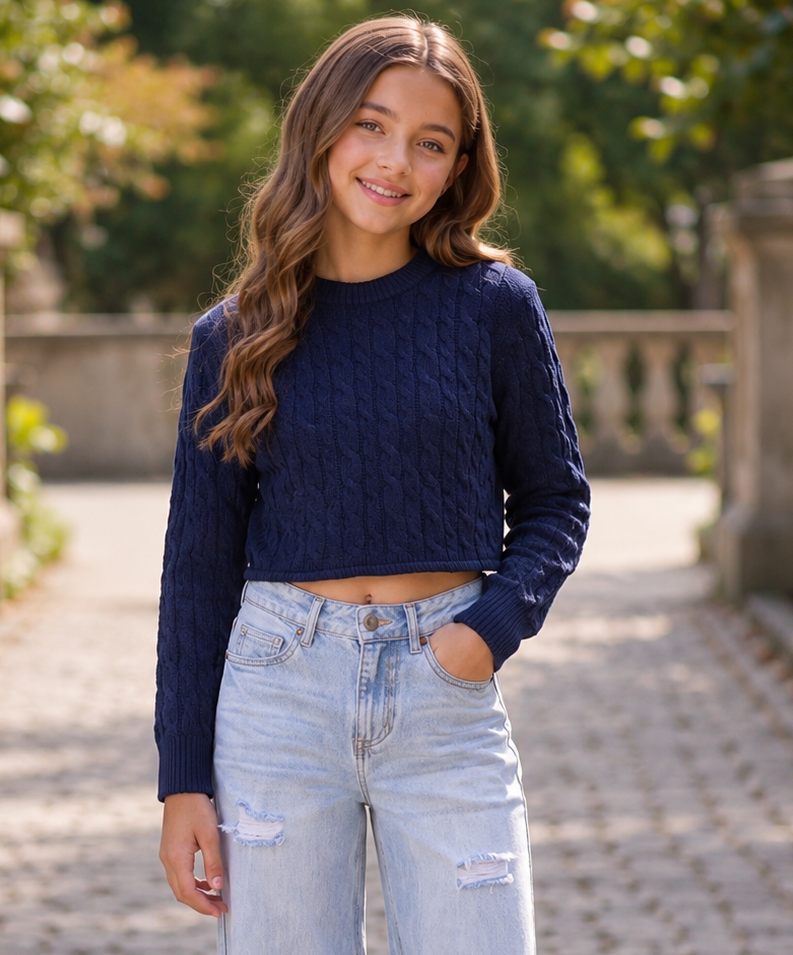KatieJ NYC Briar Cable Knit Sweater- Evening Blue