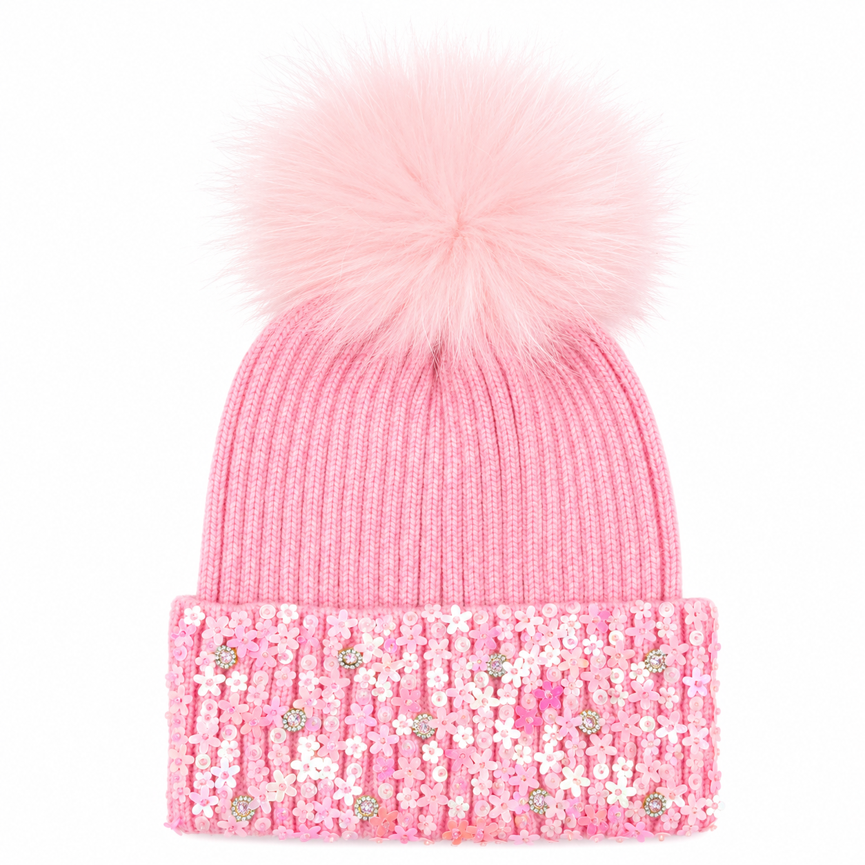 Bari Lynn Pink Sequin Flower Jeweled Cuff Hat with Fur Pom