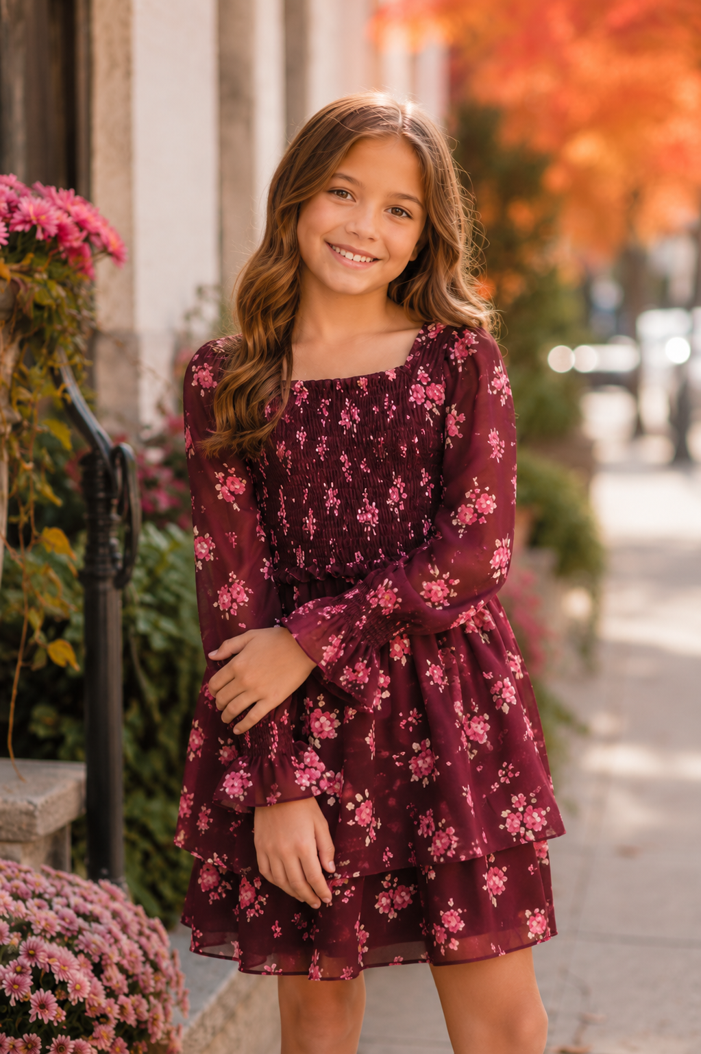 Flowers by Zoe Chiffon Long Sleeve Dress  – Chocolate/Pink Floral