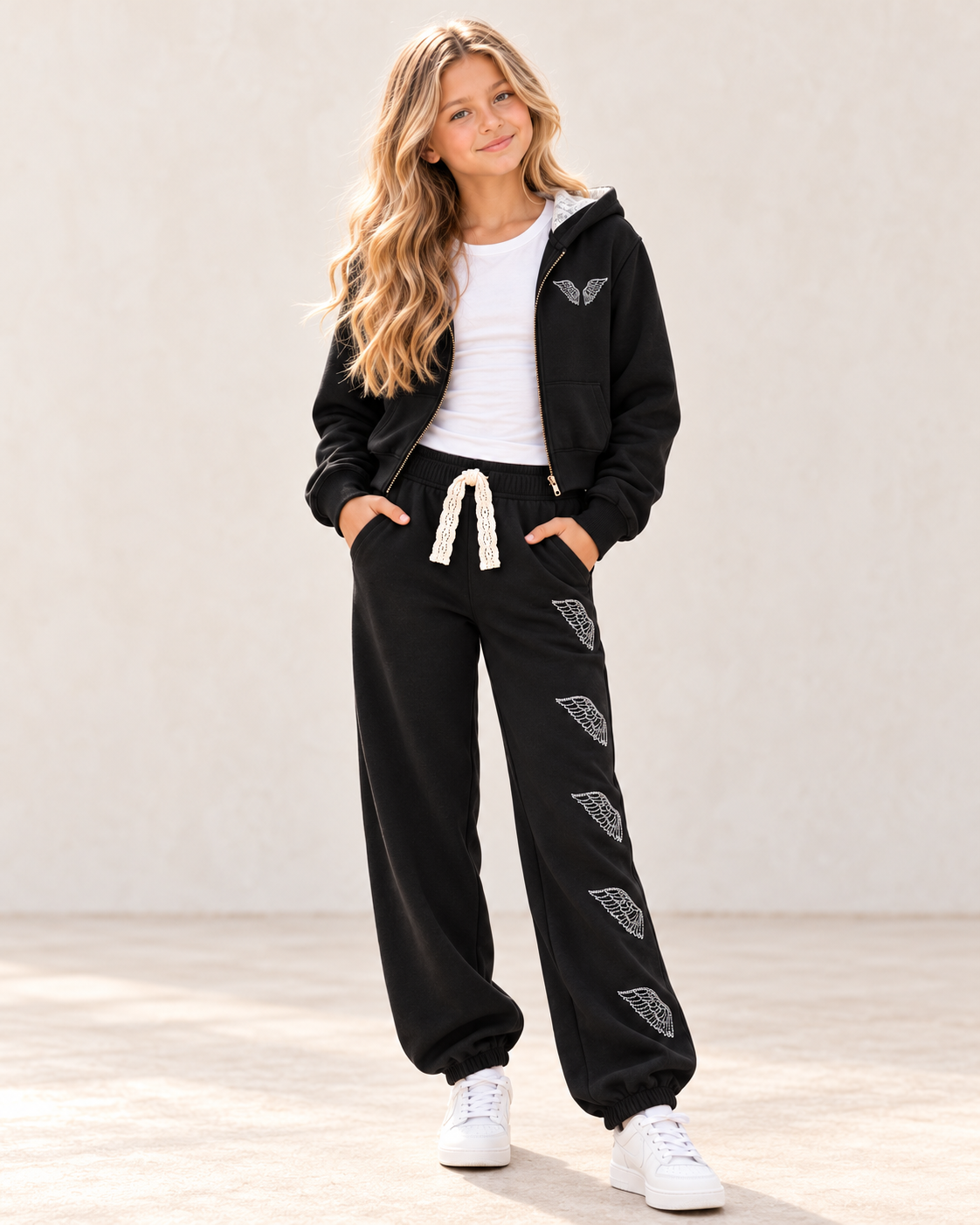 KatieJ NYC Ryan Hoodie With Angel Wings & Lace Hood – Black