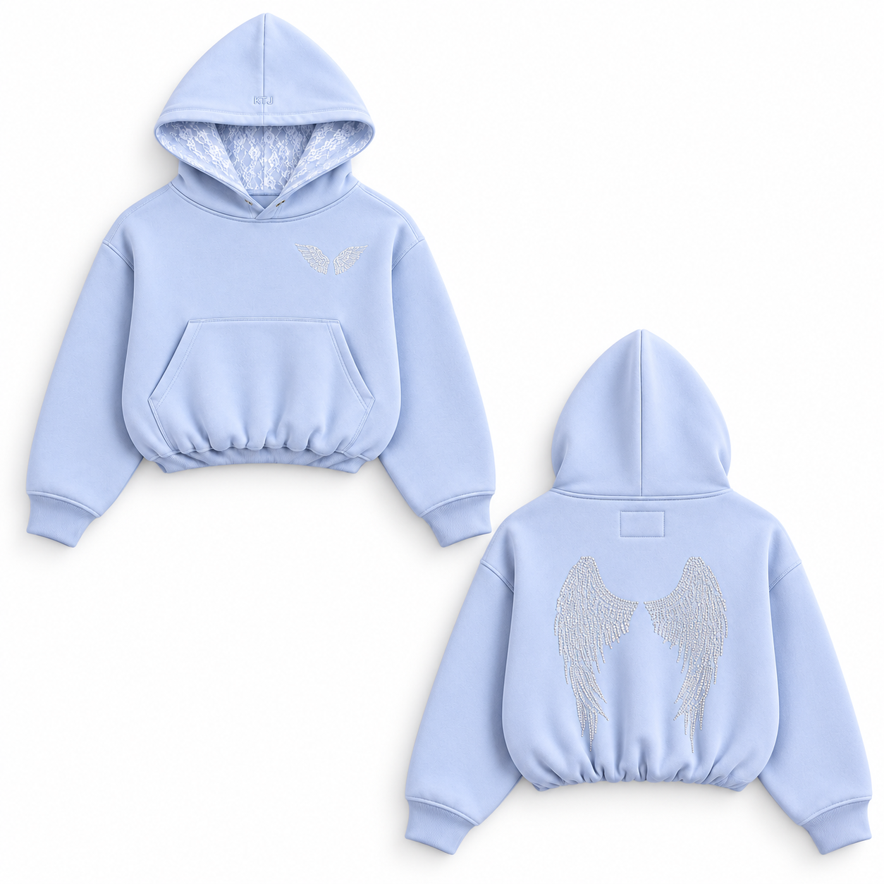 KatieJ NYC Ryan Hoodie With Angel Wings & Lace Hood – Baby Blue