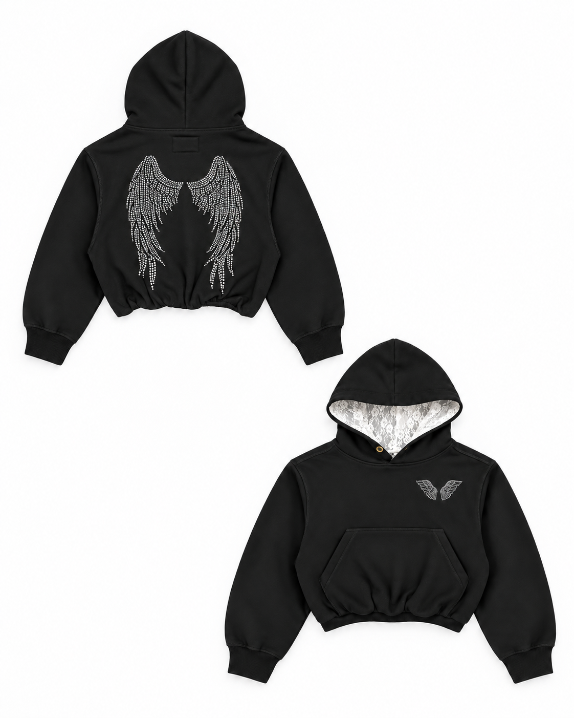 KatieJ NYC Ryan Hoodie With Angel Wings & Lace Hood – Black