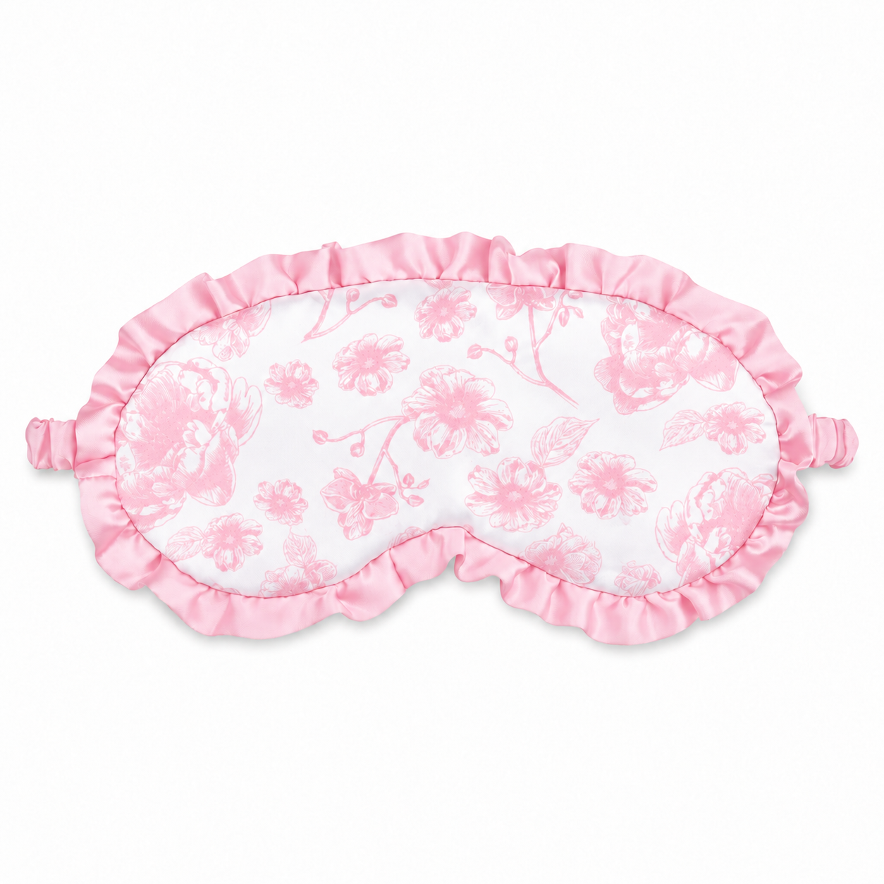 Iscream Pretty Pink Toile Eye Mask with pastel floral print and pink ruffle trim