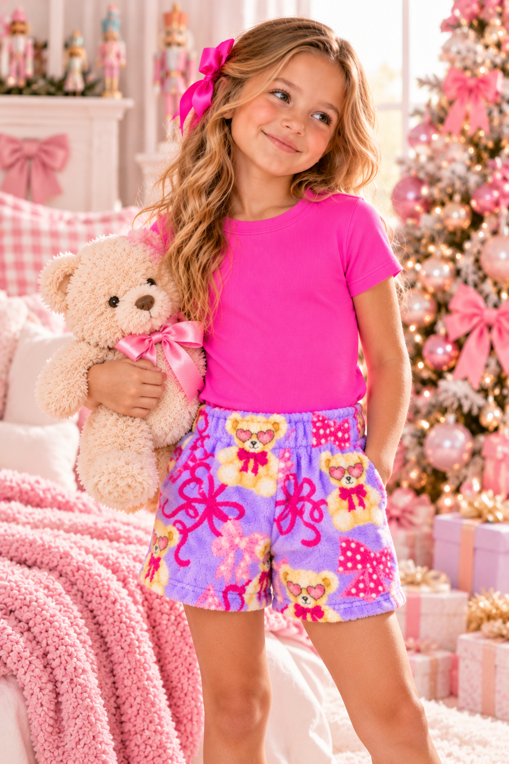 Preppy Goose Plush Teddy Bear & Bow Lounge Shorts