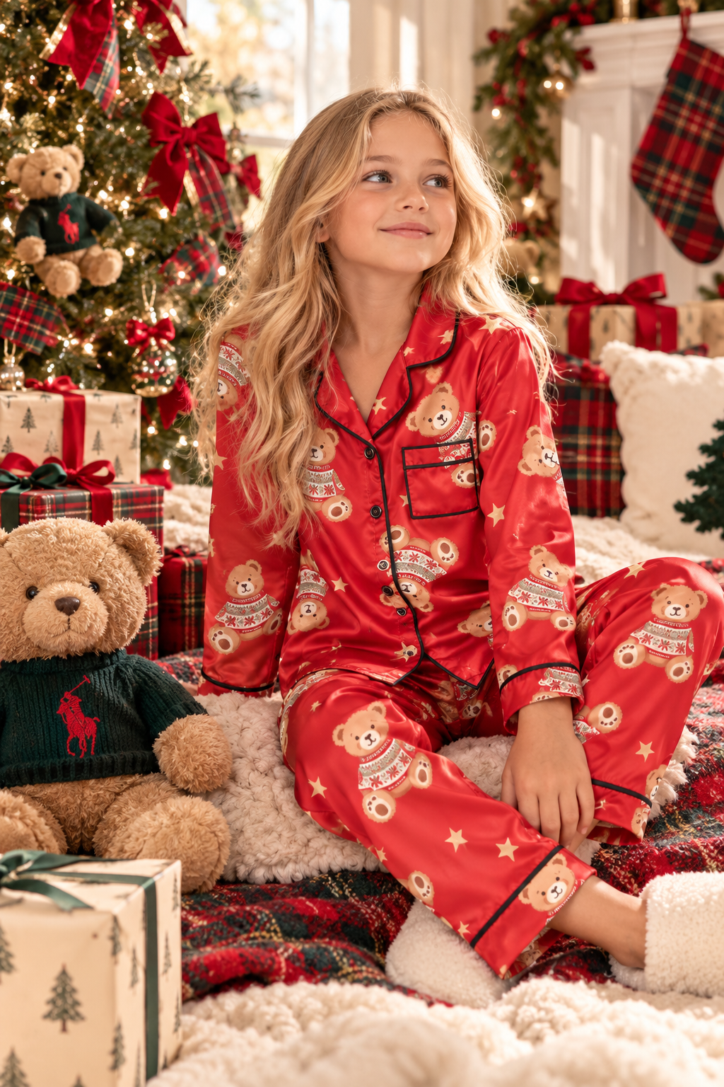 Preppy Goose 2pc Jolly Teddy Long Sleeve Satin Pajama Set