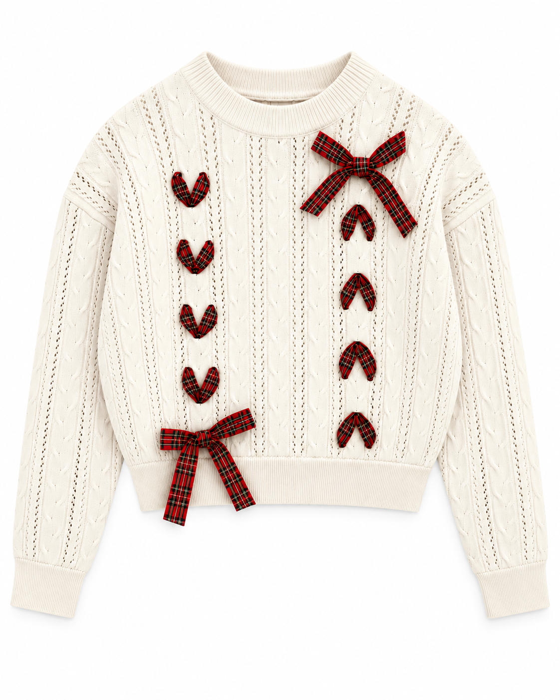 KatieJ NYC Tween Libby Ribbon Sweater - White/Festive Tartan