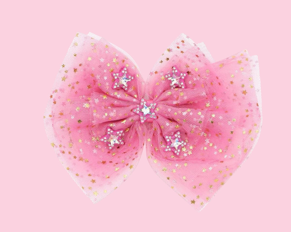 Bari Lynn 5&quot; Star Print Tulle Bow with Crystal Charms - Bubblegum Pink