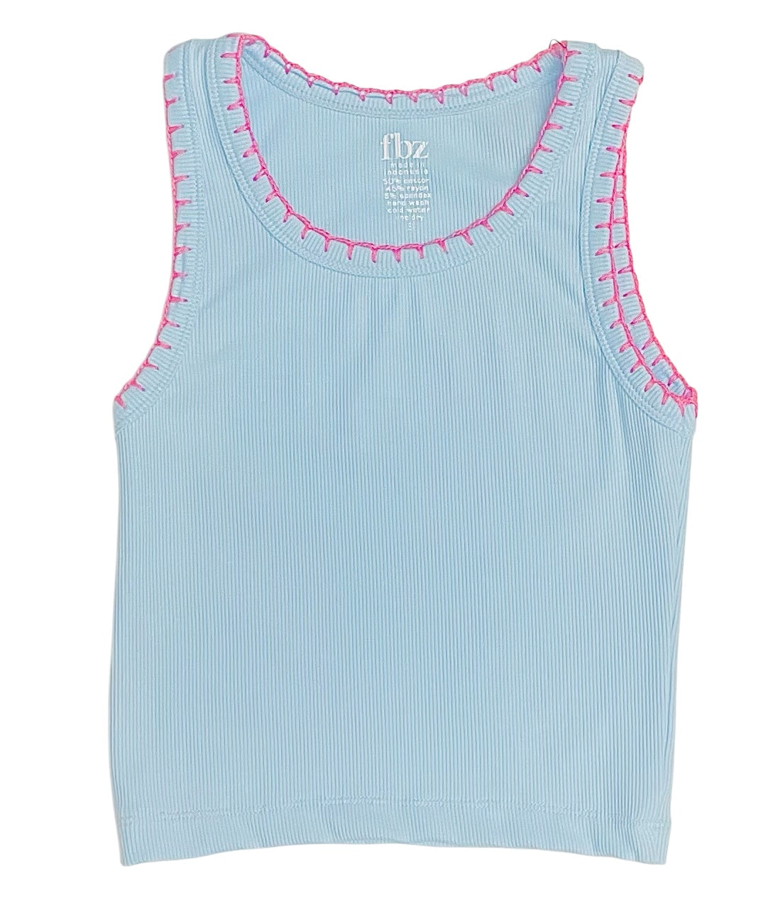 Flowers By Zoe Blue W/ Pink Stitch RIbbed Tank