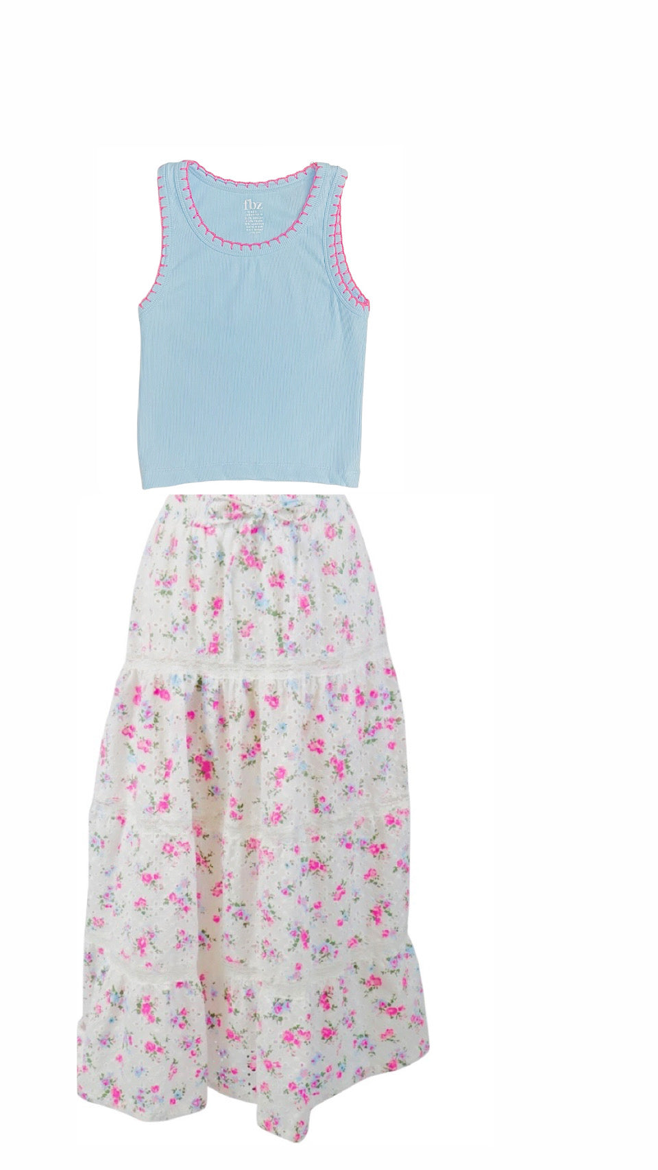 Flowers By Zoe Blue W/ Pink Stitch RIbbed Tank