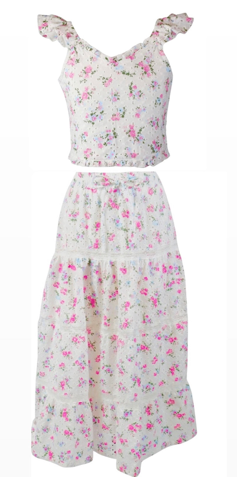 Flowers By Zoe Tween Woven Floral Bouquet Eyelet Flutter Sleeve Top