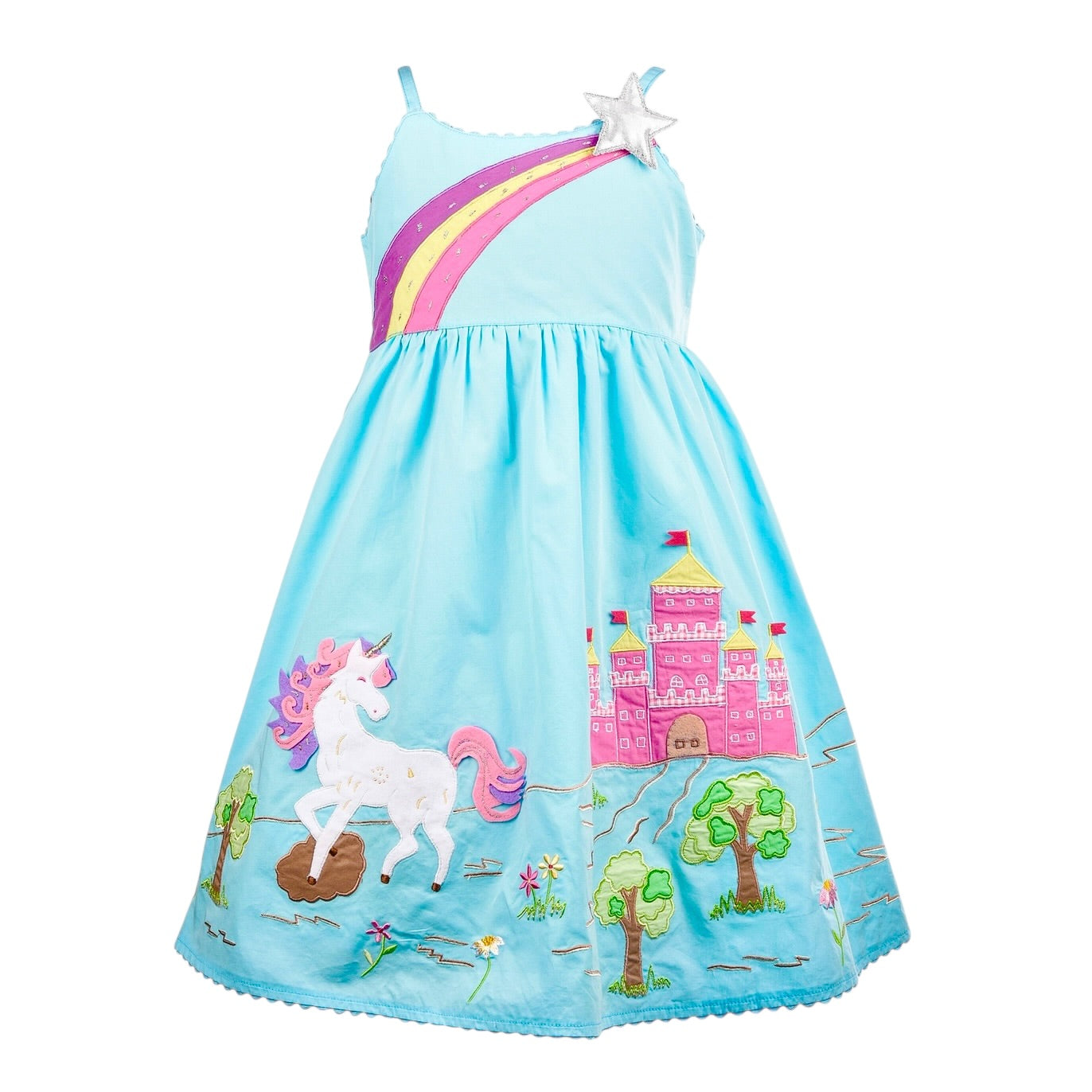 Cotton Kids Aqua Unicorn & Castle Dress