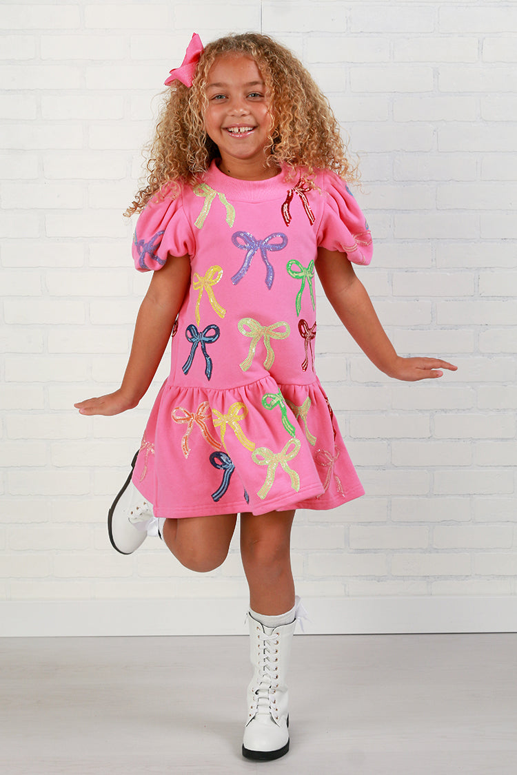 Queen Of Sparkles Kids Pink Bow Puff Sleeve Dress